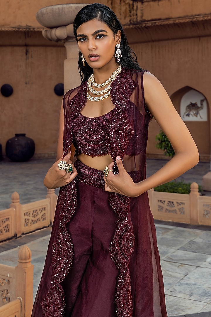 Plum Organza Embellished Jacket Set by Ridhima Bhasin at Pernia's Pop Up Shop