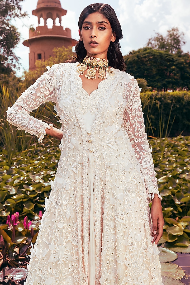 Ivory Embellished Bridal Anarkali Set by Ridhima Bhasin at Pernia's Pop Up Shop