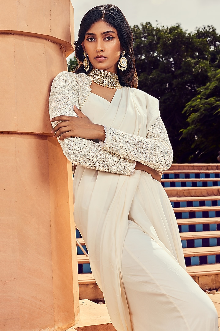 Ivory Satin Pre-Draped Wedding Saree Set by Ridhima Bhasin at Pernia's Pop Up Shop