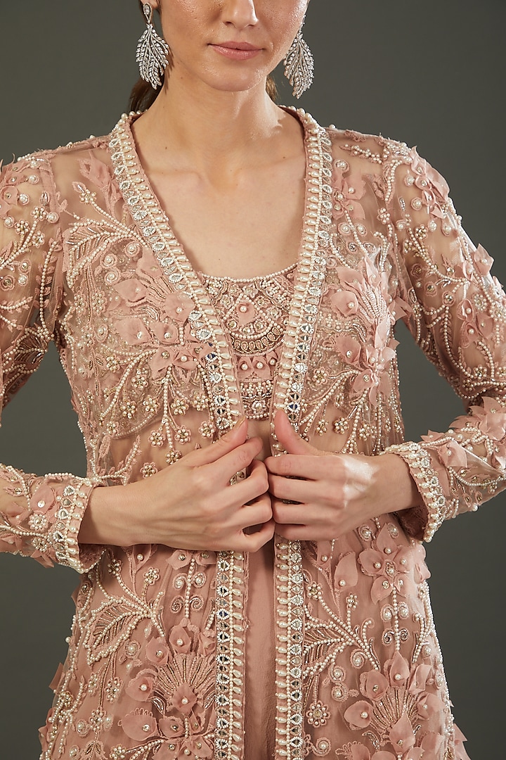 Beige Organza Embroidered Cape Set by Ridhima Bhasin at Pernia's Pop Up Shop