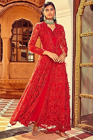 Red Chiffon Embellished Jacket Set by Ridhima Bhasin