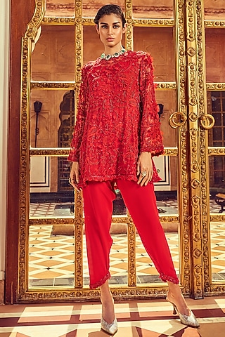 Red Floral Embellished Kurta Set by Ridhima Bhasin