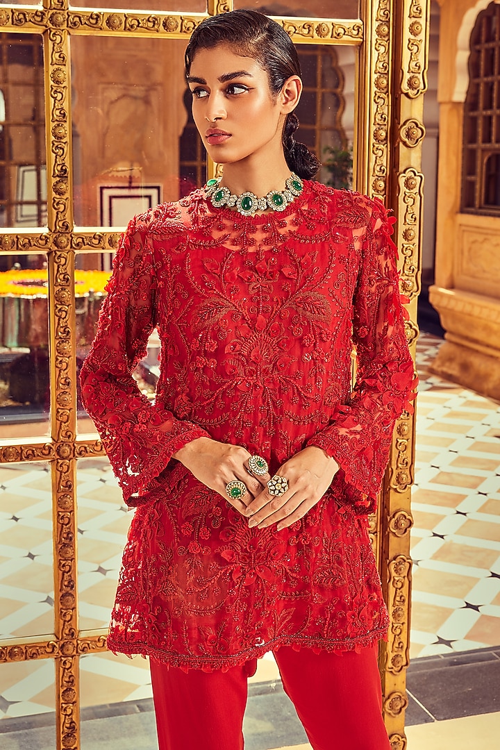 Red Floral Embellished Kurta Set by Ridhima Bhasin at Pernia's Pop Up Shop