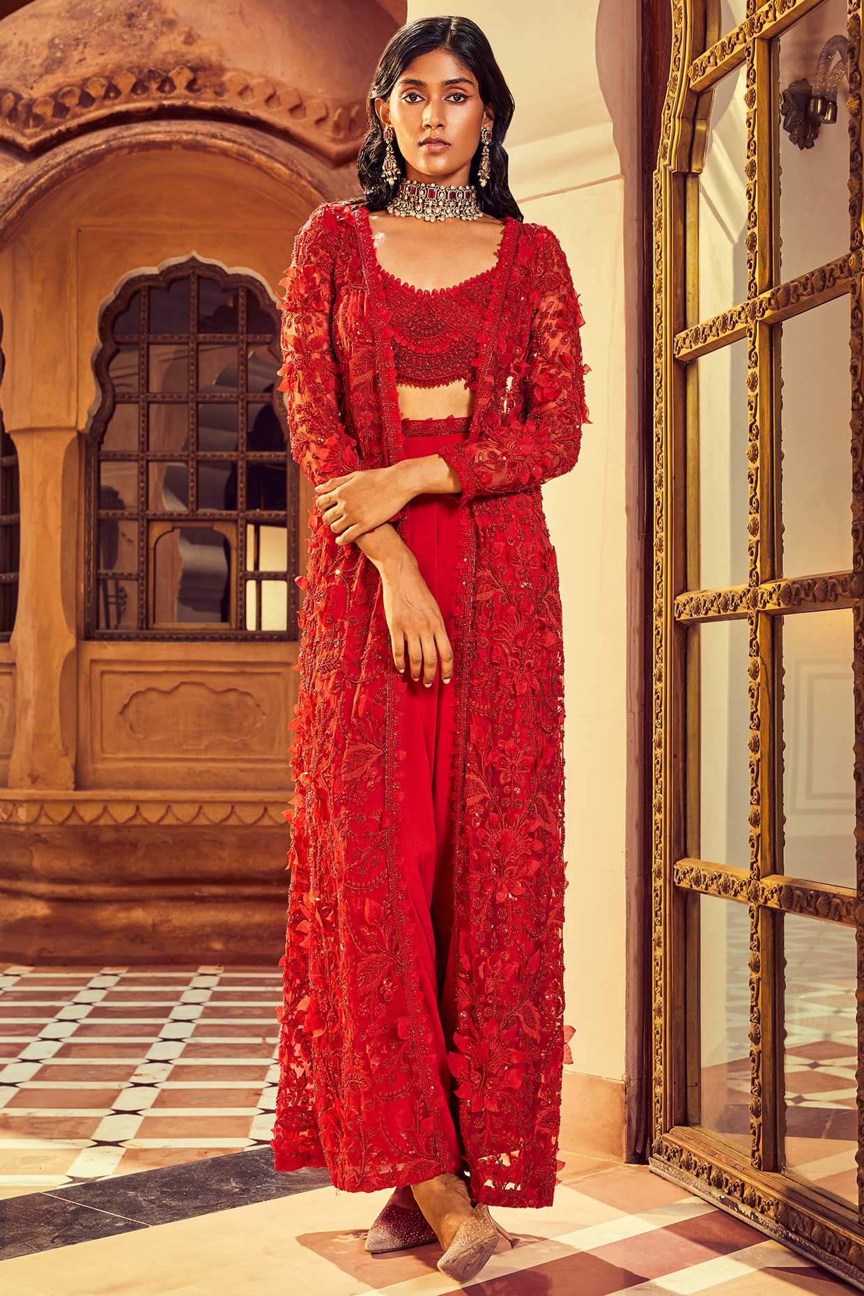 Red Organza Embellished Jacket Set by Ridhima Bhasin at Pernia's