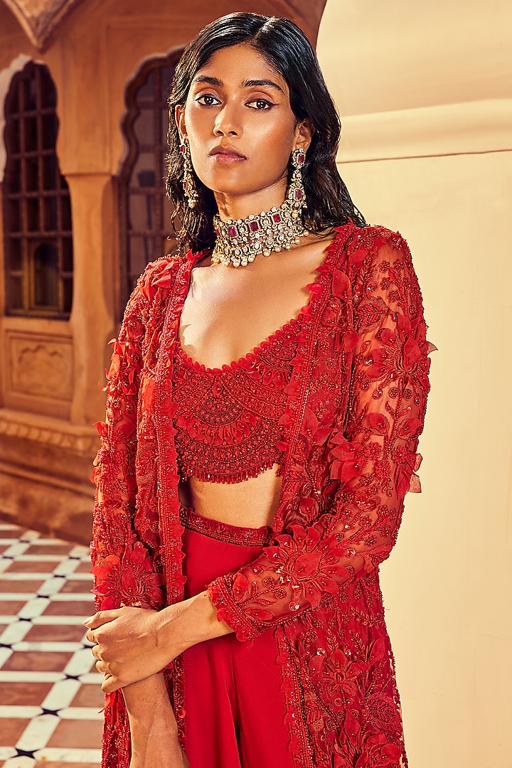 Red Organza Embellished Jacket Set by Ridhima Bhasin at Pernia's Pop Up Shop