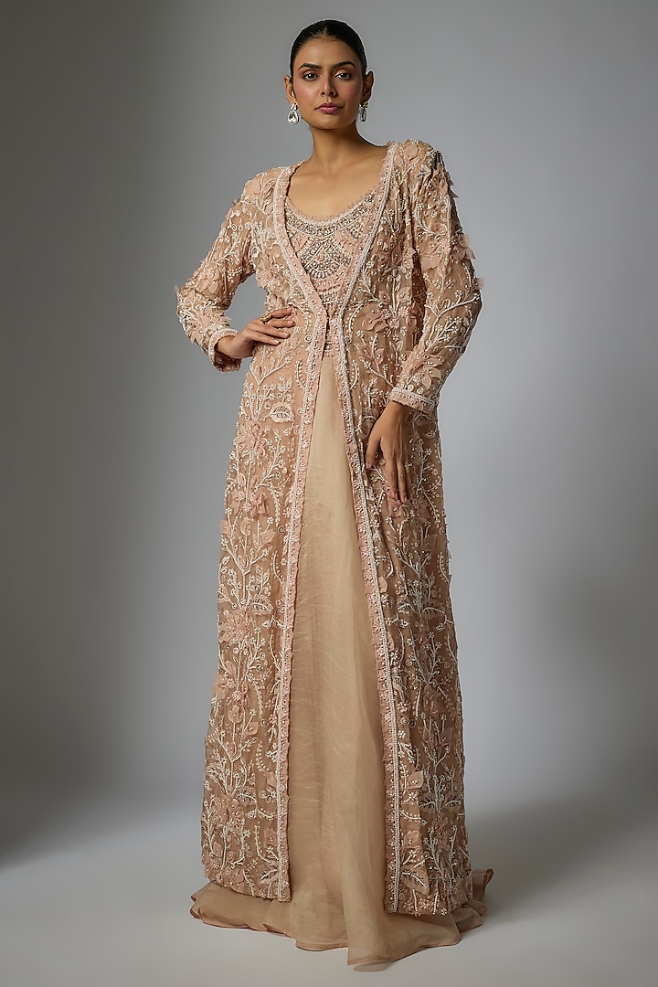 Blush Pink Pure Organza Jacket Set by Ridhima Bhasin at Pernia's Pop Up Shop