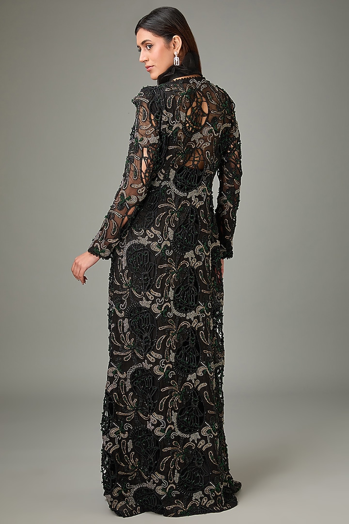 Black Pure Organza & Flat Chiffon Jacket Pre-Draped Bridal Saree Set by Ridhima Bhasin at Pernia's Pop Up Shop