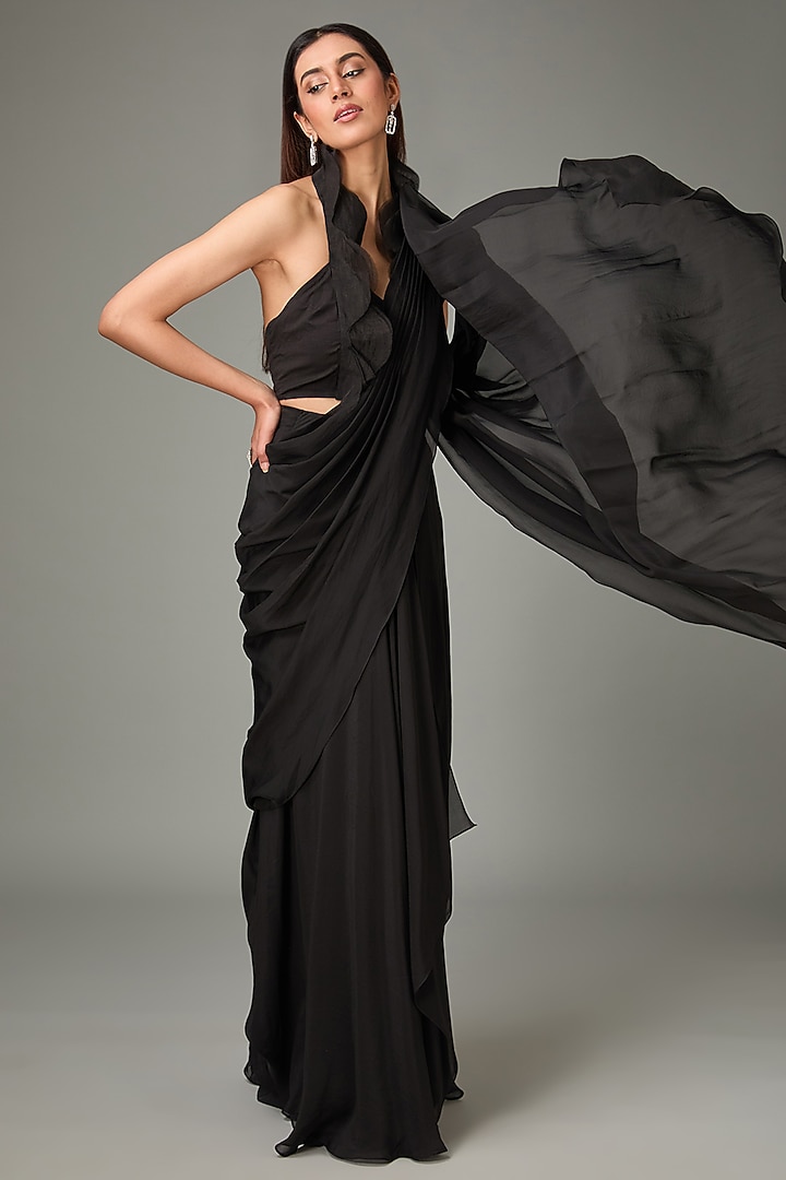 Black Pure Organza & Flat Chiffon Jacket Pre-Draped Bridal Saree Set by Ridhima Bhasin at Pernia's Pop Up Shop
