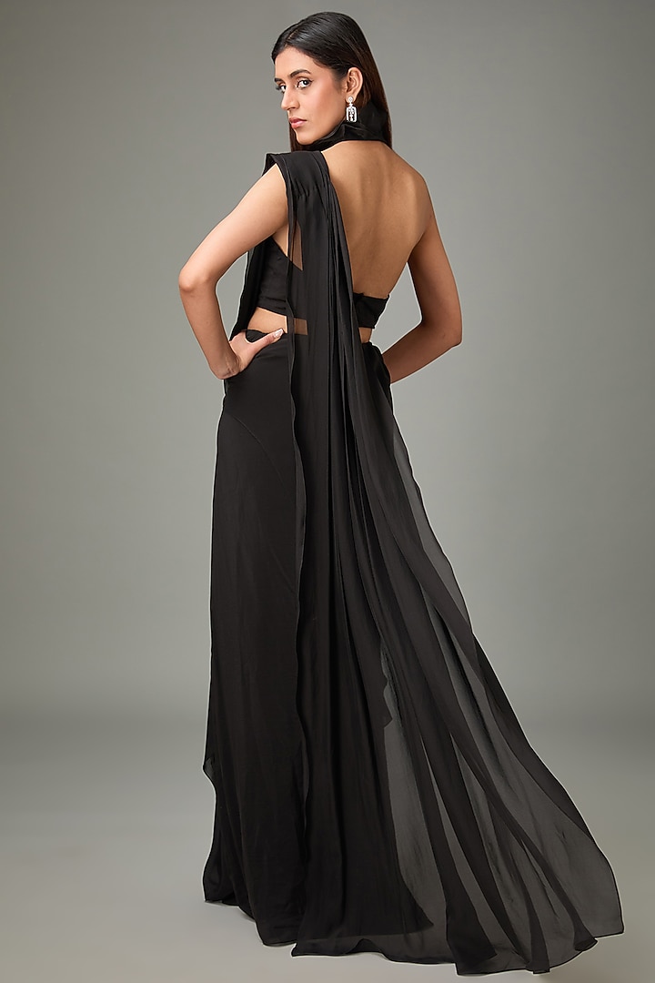 Black Pure Organza & Flat Chiffon Jacket Pre-Draped Bridal Saree Set by Ridhima Bhasin at Pernia's Pop Up Shop