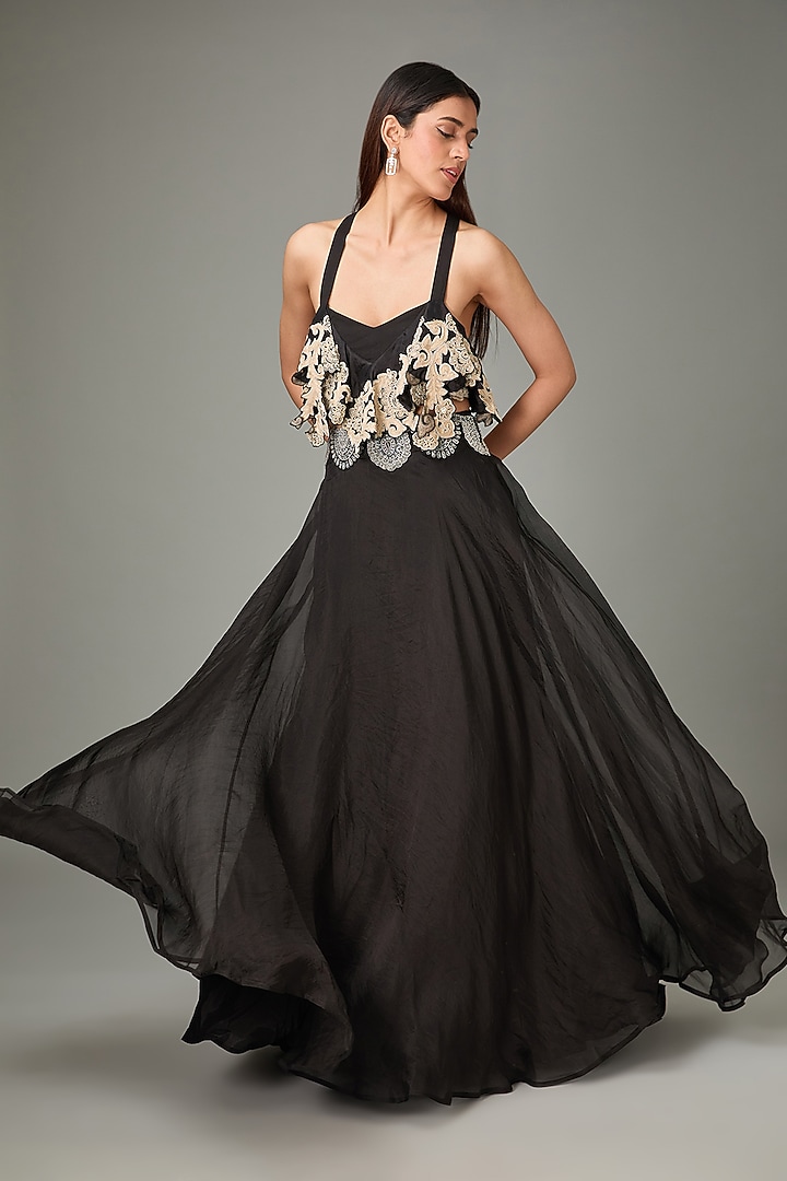 Black & Ivory Pure Georgette Hand Embroidered Skirt Set by Ridhima Bhasin at Pernia's Pop Up Shop