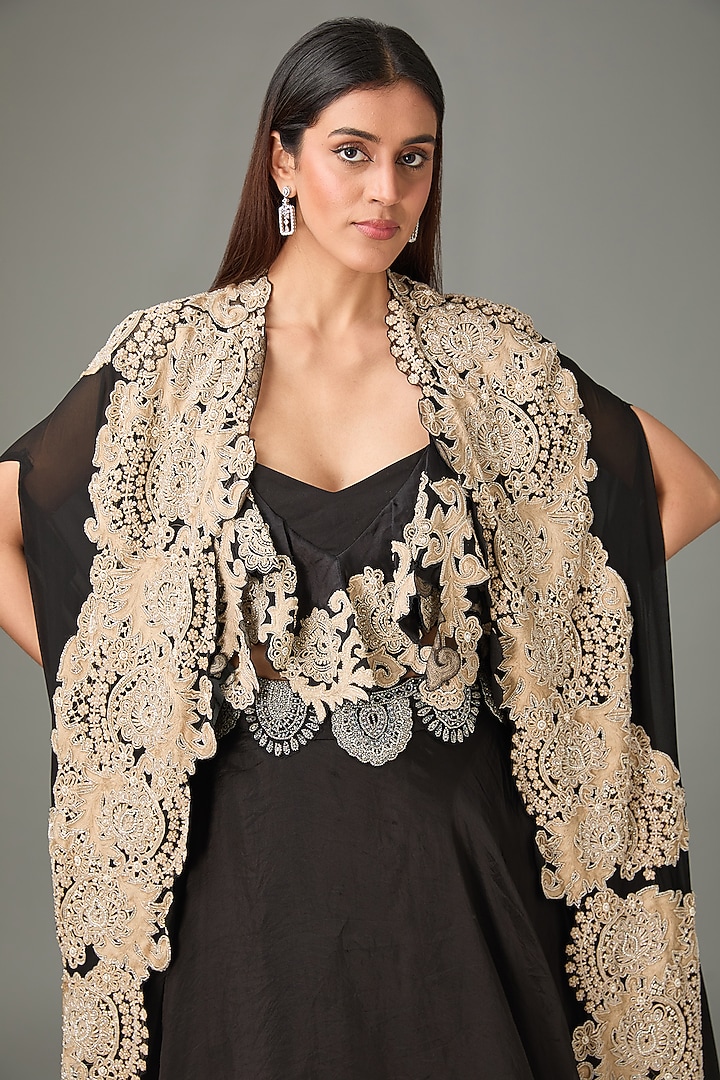 Black & Ivory Pure Georgette Hand Embroidered Skirt Set by Ridhima Bhasin at Pernia's Pop Up Shop