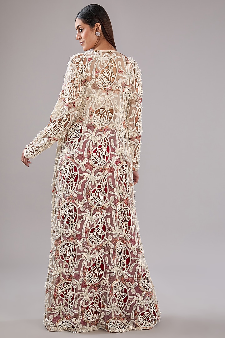 Ivory & Red Pure Organza Pearl Embroidered Jacket Set by Ridhima Bhasin at Pernia's Pop Up Shop