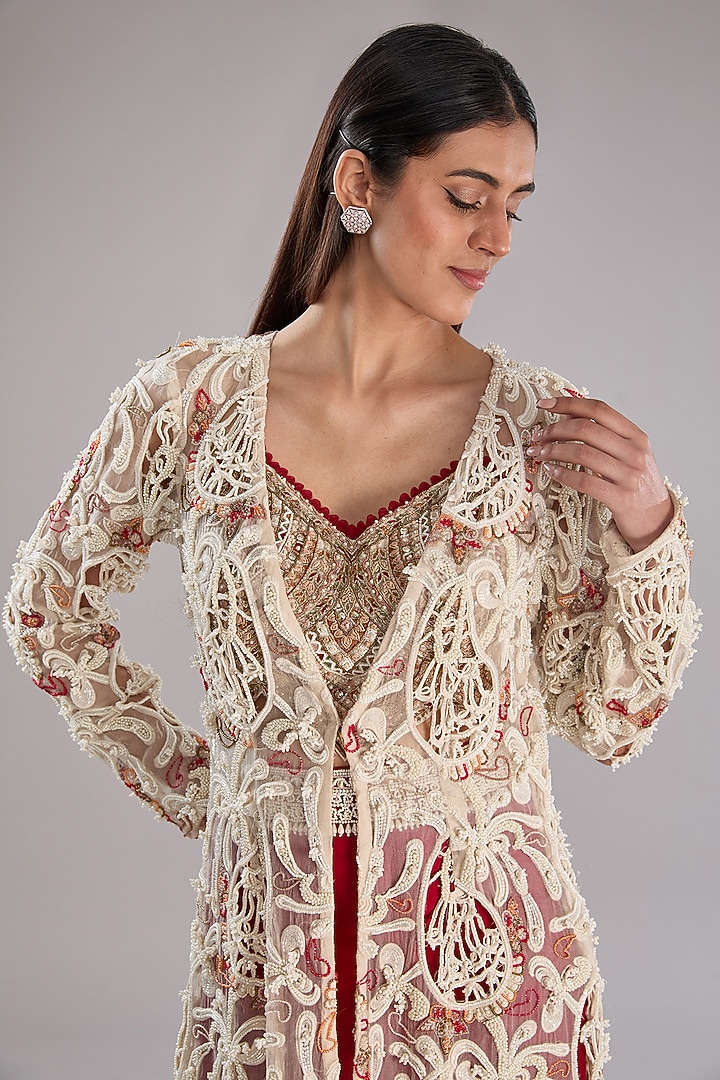 Ivory & Red Pure Organza Pearl Embroidered Jacket Set by Ridhima Bhasin at Pernia's Pop Up Shop
