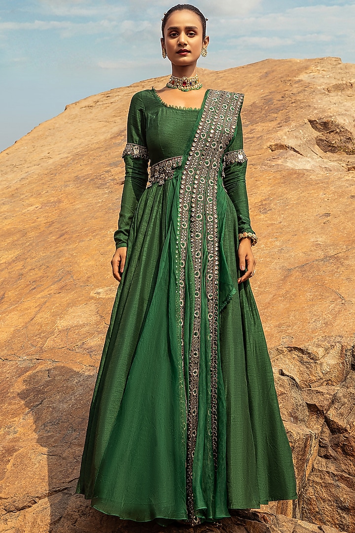 Emerald Green Embroidered Anarkali Set by Ridhima Bhasin