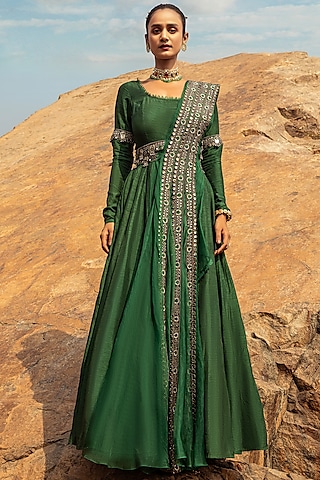 Emerald Green Embroidered Anarkali Set by Ridhima Bhasin