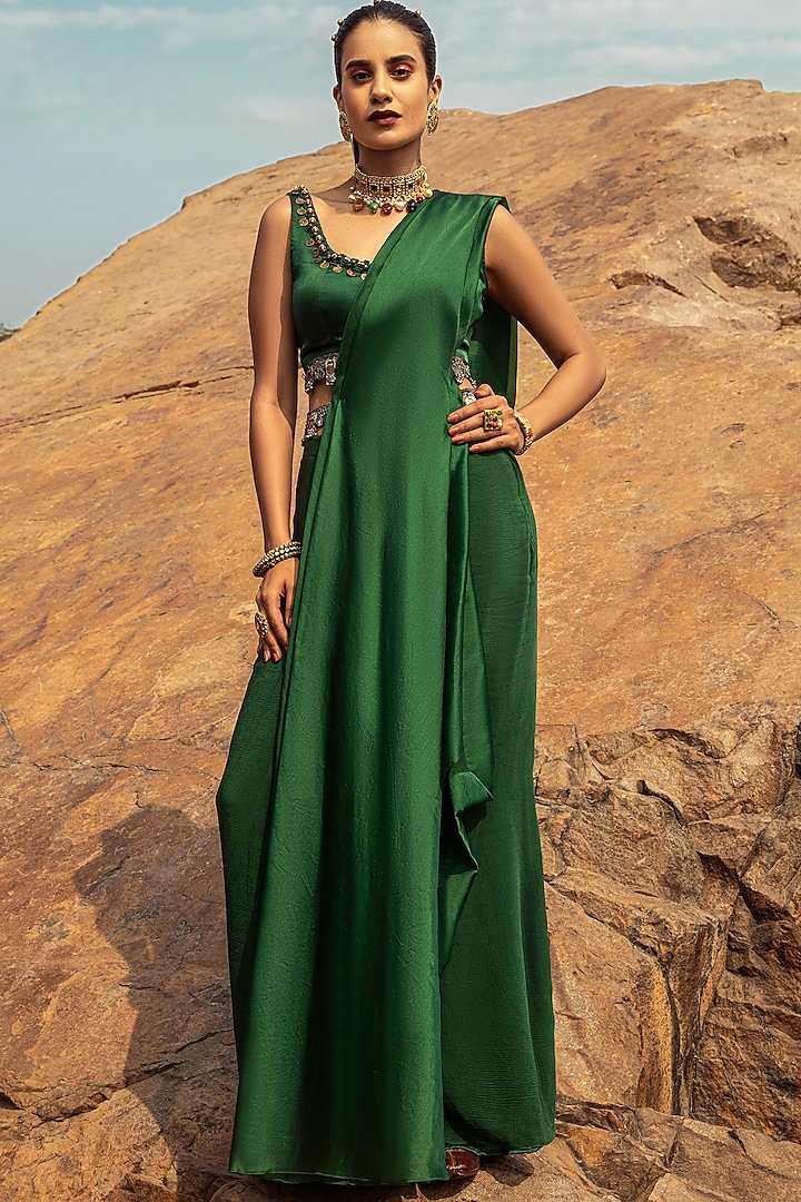 Emerald Green Embroidered Saree Set With Belt by Ridhima Bhasin