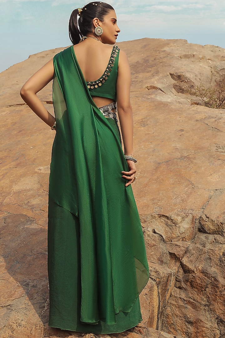 Emerald Green Embroidered Wedding Saree Set With Belt by Ridhima Bhasin at Pernia's Pop Up Shop