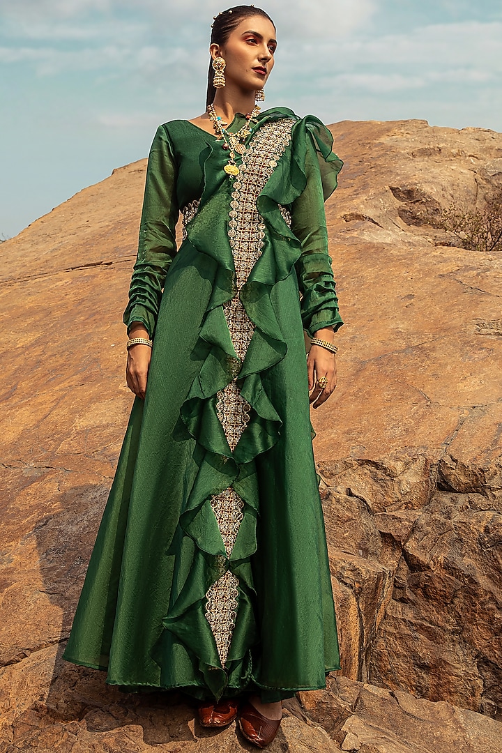 Emerald Green Embroidered Jumpsuit by Ridhima Bhasin