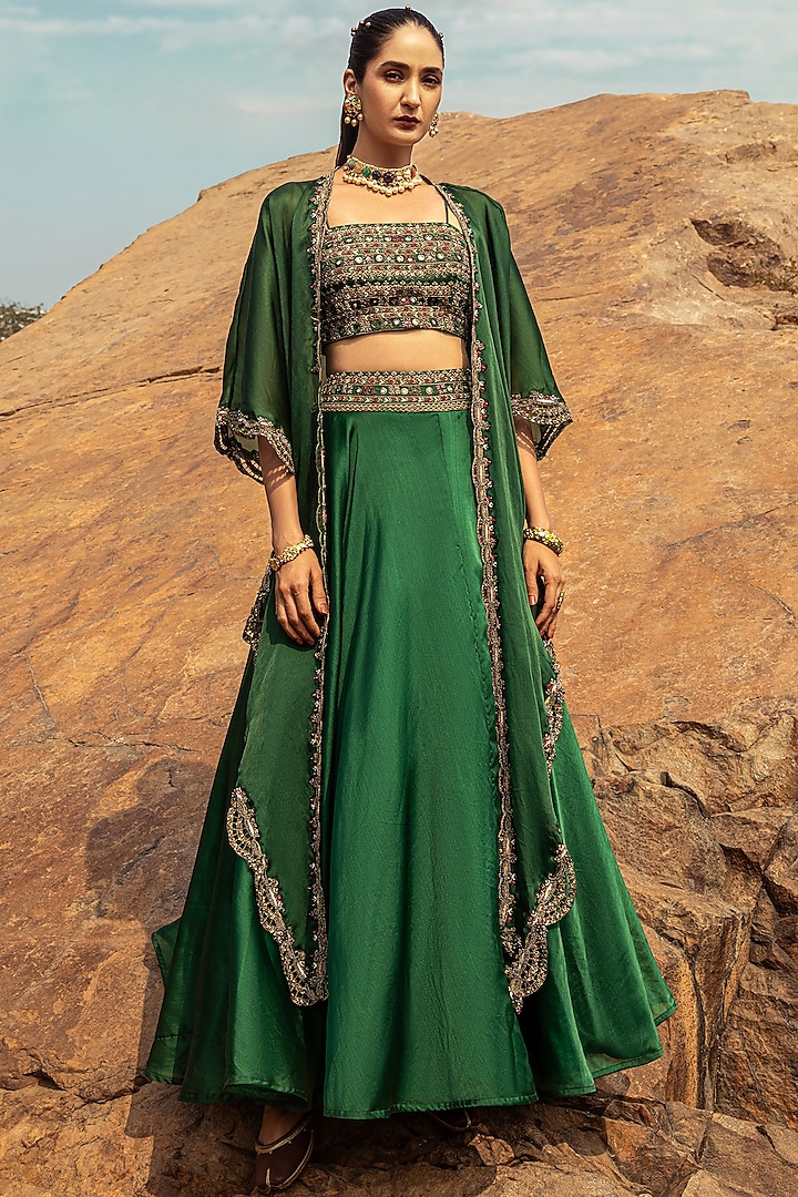Emerald Green Embroidered Skirt Set by Ridhima Bhasin
