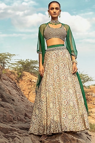 Beige & Green Embroidered Skirt Set With Drape by Ridhima Bhasin