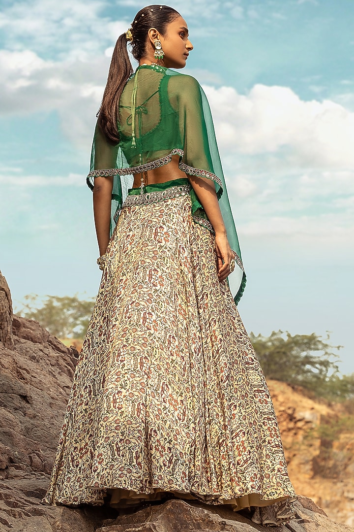 Beige & Green Embroidered Skirt Set With Drape by Ridhima Bhasin at Pernia's Pop Up Shop