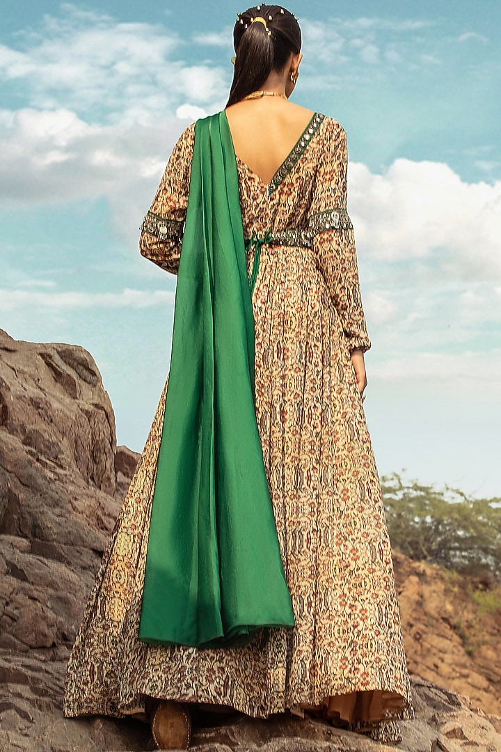 Beige & Green Embroidered Wedding Anarkali Set With Belt by Ridhima Bhasin at Pernia's Pop Up Shop