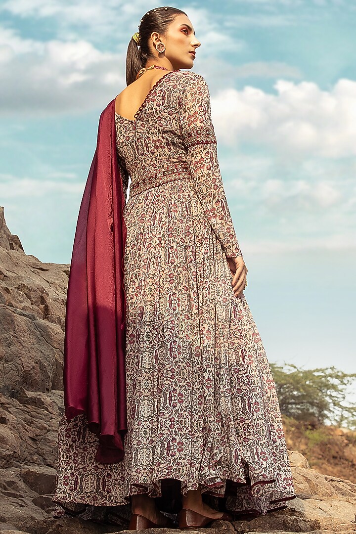 Beige & Maroon Embroidered Wedding Anarkali Set With Belt by Ridhima Bhasin at Pernia's Pop Up Shop