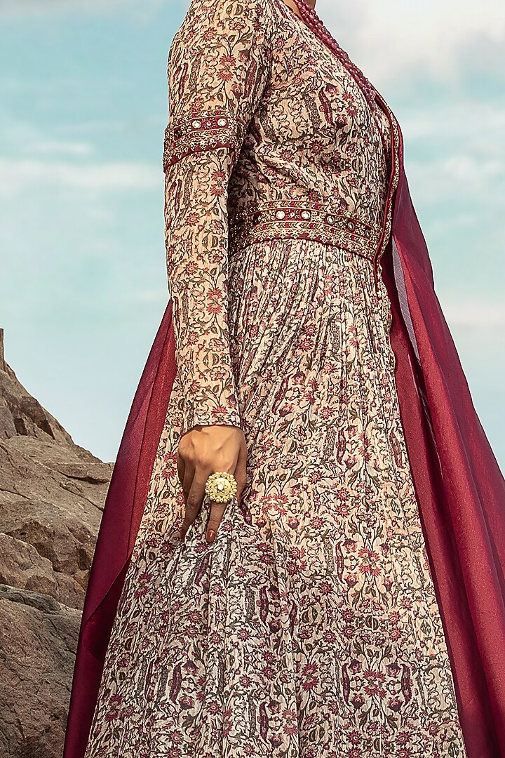 Beige & Maroon Embroidered Wedding Anarkali Set With Belt by Ridhima Bhasin at Pernia's Pop Up Shop