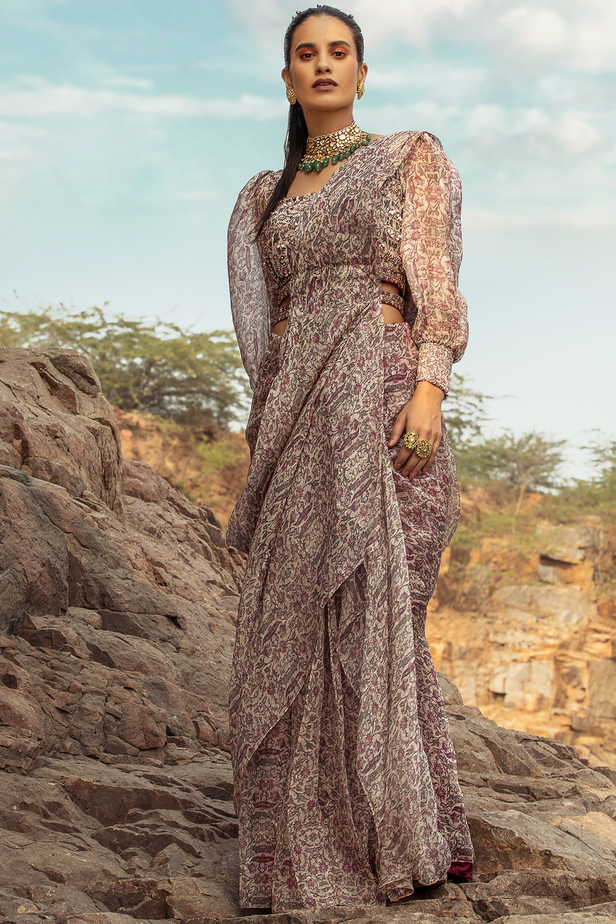 Plum Organza Aari Embroidered Pre-Draped Saree Set by Ridhima Bhasin