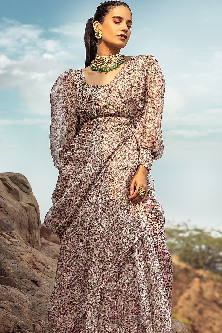 Plum Organza Aari Embroidered Pre-Draped Wedding Saree Set by Ridhima Bhasin at Pernia's Pop Up Shop