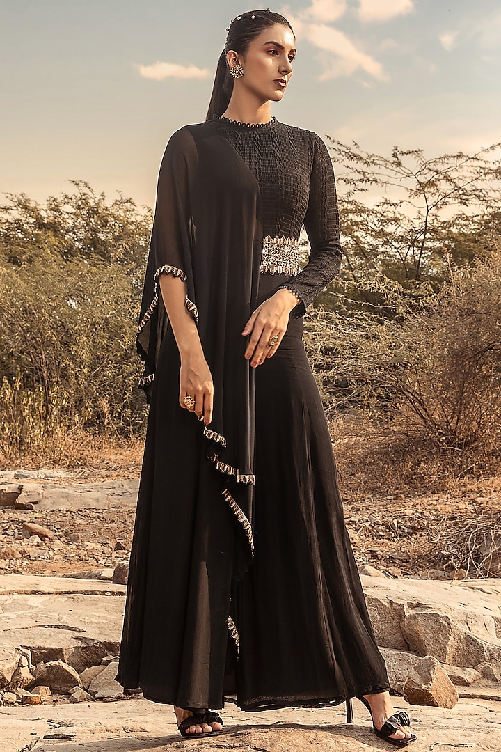 Black Jumpsuit With Belt by Ridhima Bhasin