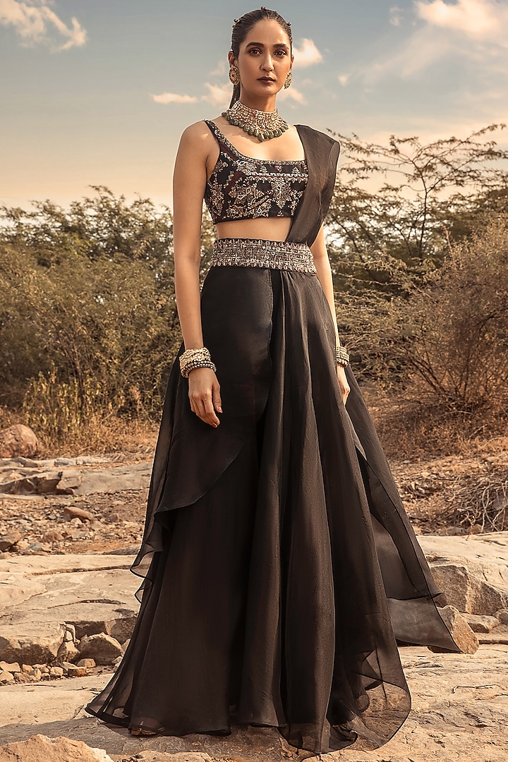 Black Organza Embroidered Sharara Saree Set by Ridhima Bhasin