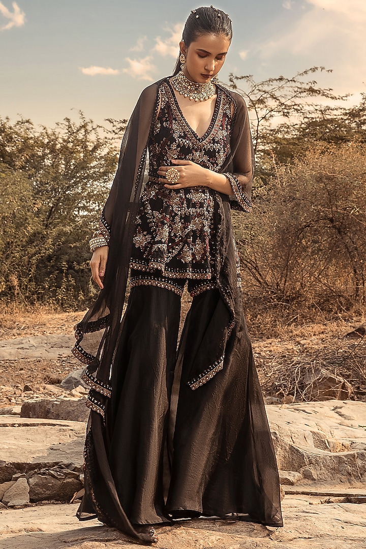 Black Embroidered Sharara Pant Set by Ridhima Bhasin at Pernia's Pop Up Shop