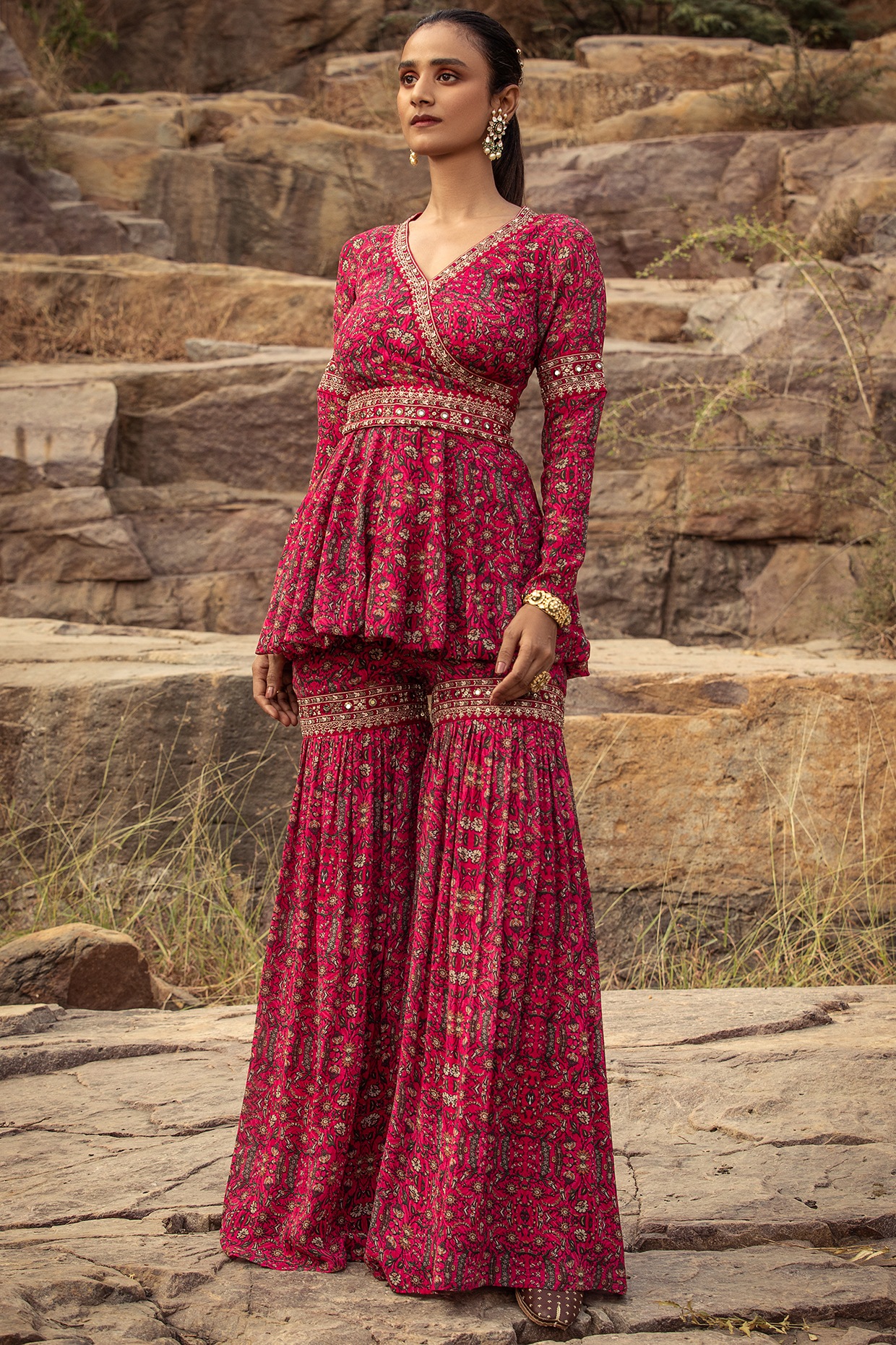 Embroidered Pink Suit Set With Sharara Pants – Zivaara.in