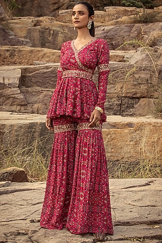 Fuchsia Embroidered Sharara Pant Set by Ridhima Bhasin