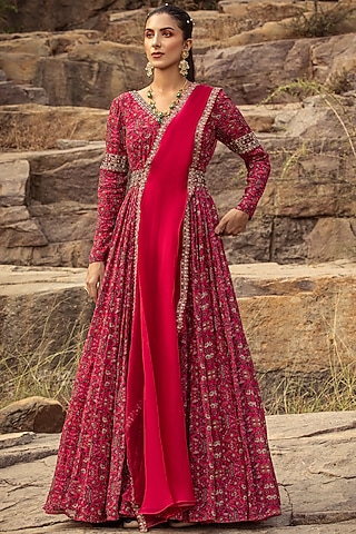 Fuchsia Embroidered Anarkali Set With Belt by Ridhima Bhasin