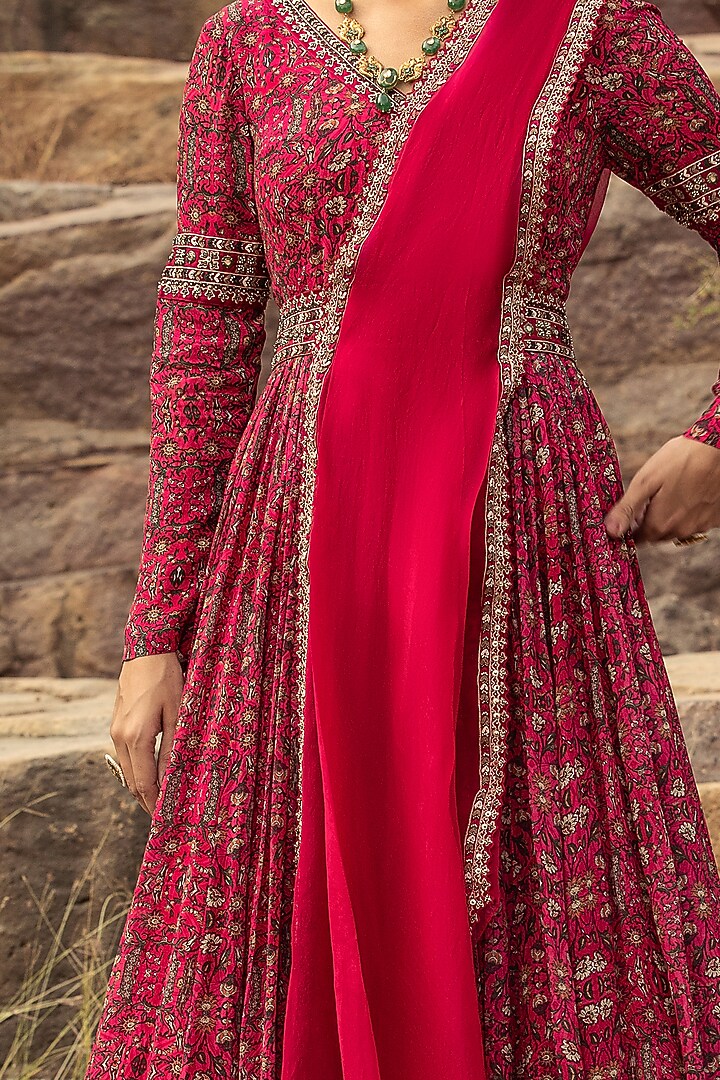Fuchsia Embroidered Wedding Anarkali Set With Belt by Ridhima Bhasin at Pernia's Pop Up Shop
