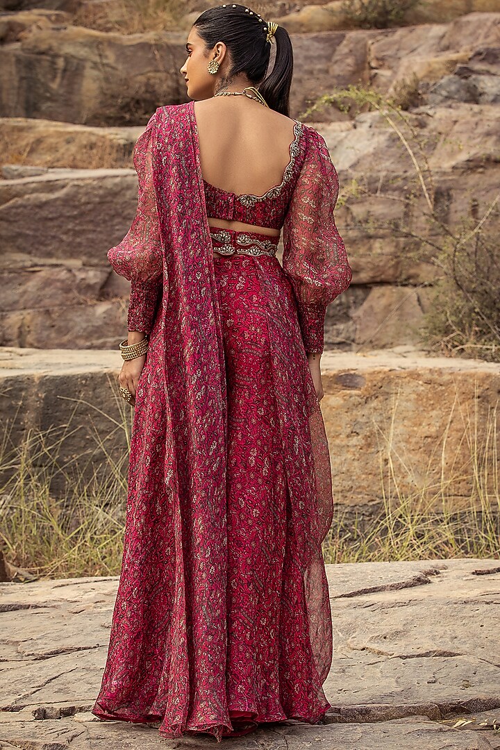 Fuchsia Pre-Draped Wedding Saree Set With Belt by Ridhima Bhasin at Pernia's Pop Up Shop