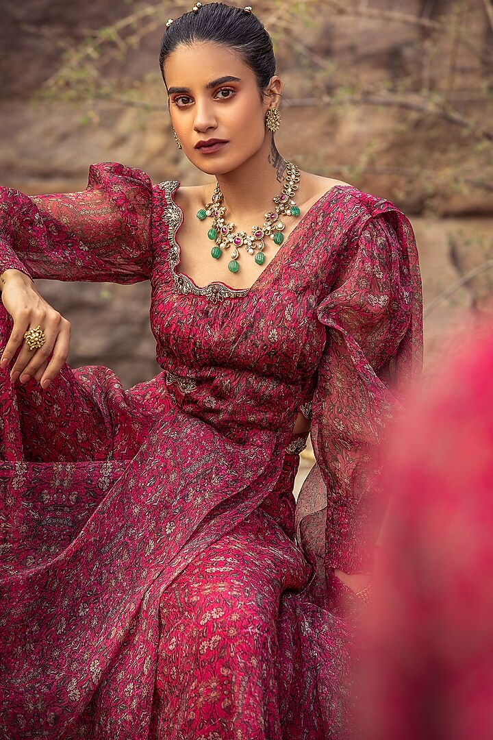 Fuchsia Pre-Draped Wedding Saree Set With Belt by Ridhima Bhasin at Pernia's Pop Up Shop