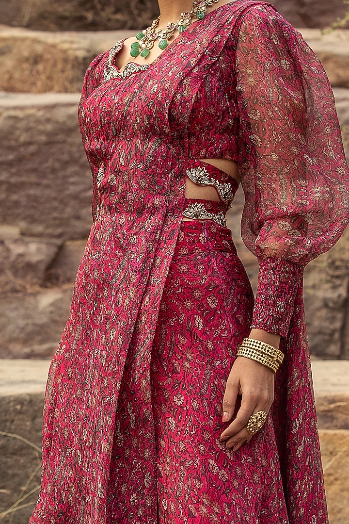 Fuchsia Pre-Draped Wedding Saree Set With Belt by Ridhima Bhasin at Pernia's Pop Up Shop