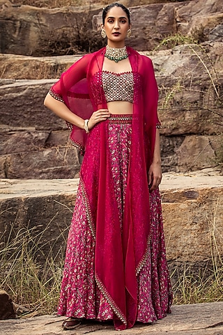 Fuchsia Embroidered High-Waist Skirt Set by Ridhima Bhasin