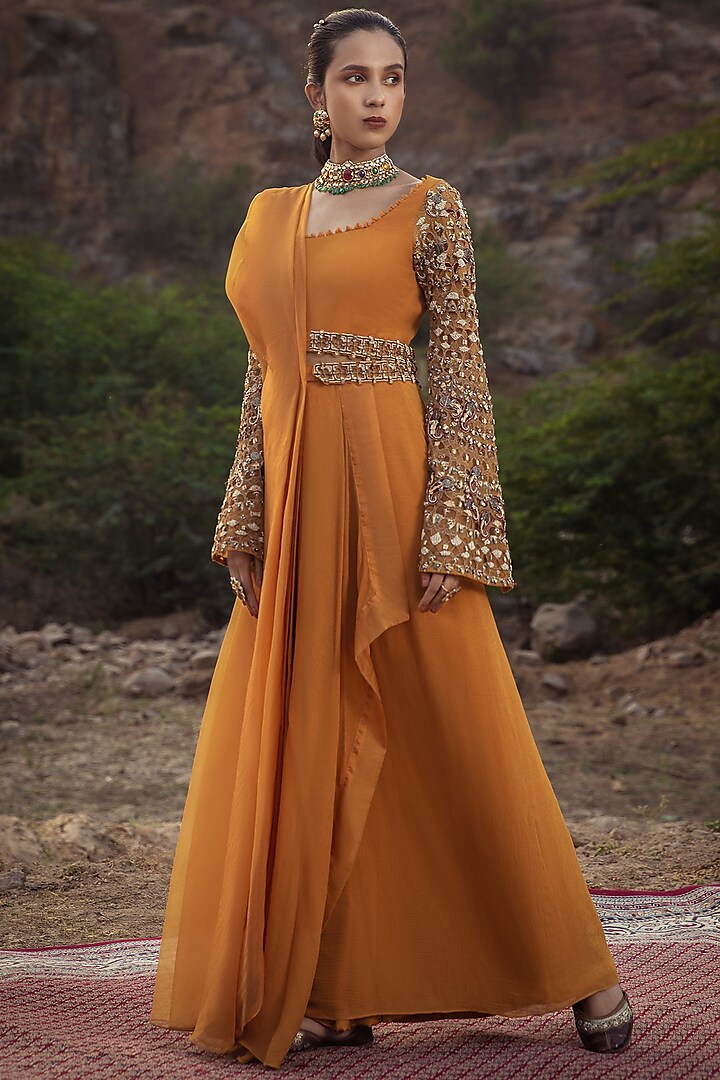 Mustard Embroidered Pre-Draped Saree With Belt by Ridhima Bhasin
