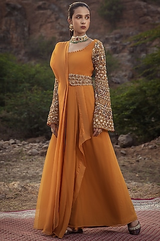 Mustard Chiffon Cutwork Embroidered Pre-Draped Saree Set by Ridhima Bhasin