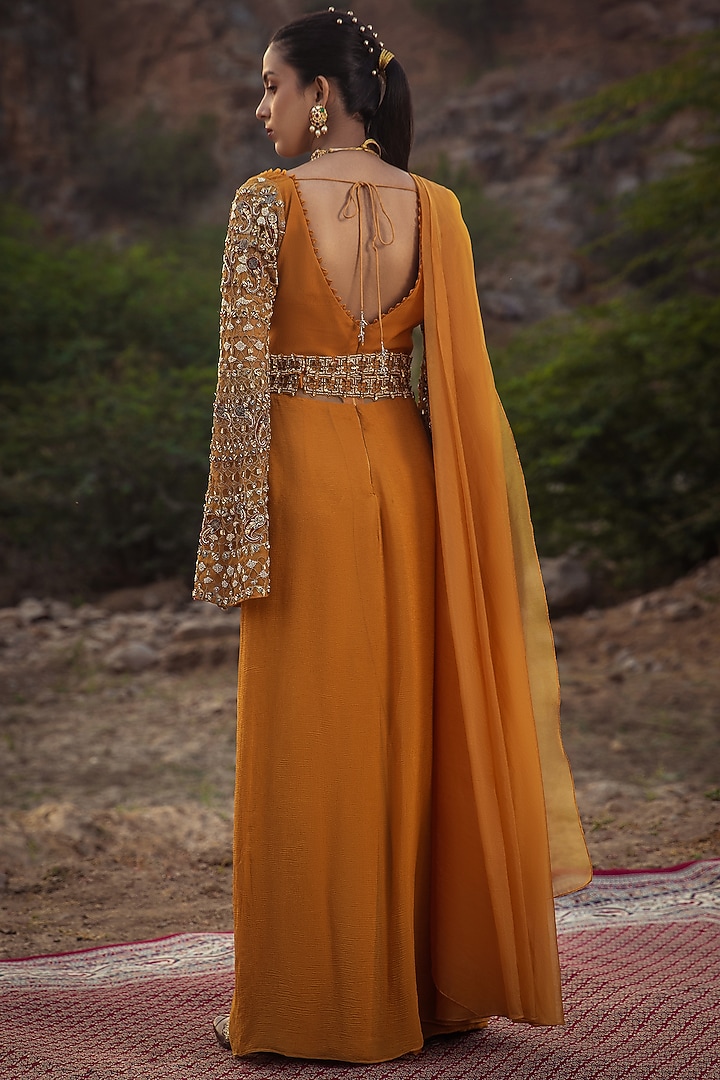 Mustard Chiffon Cutwork Embroidered Pre-Draped Wedding Saree Set by Ridhima Bhasin at Pernia's Pop Up Shop