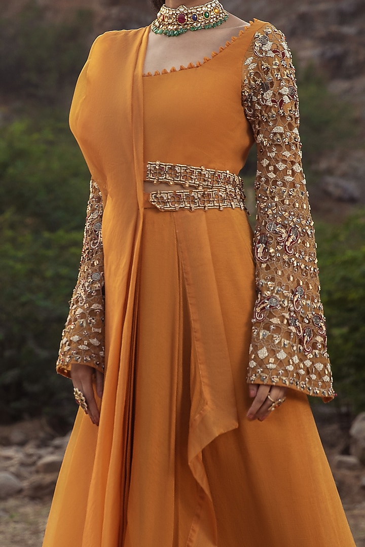 Mustard Chiffon Cutwork Embroidered Pre-Draped Wedding Saree Set by Ridhima Bhasin at Pernia's Pop Up Shop