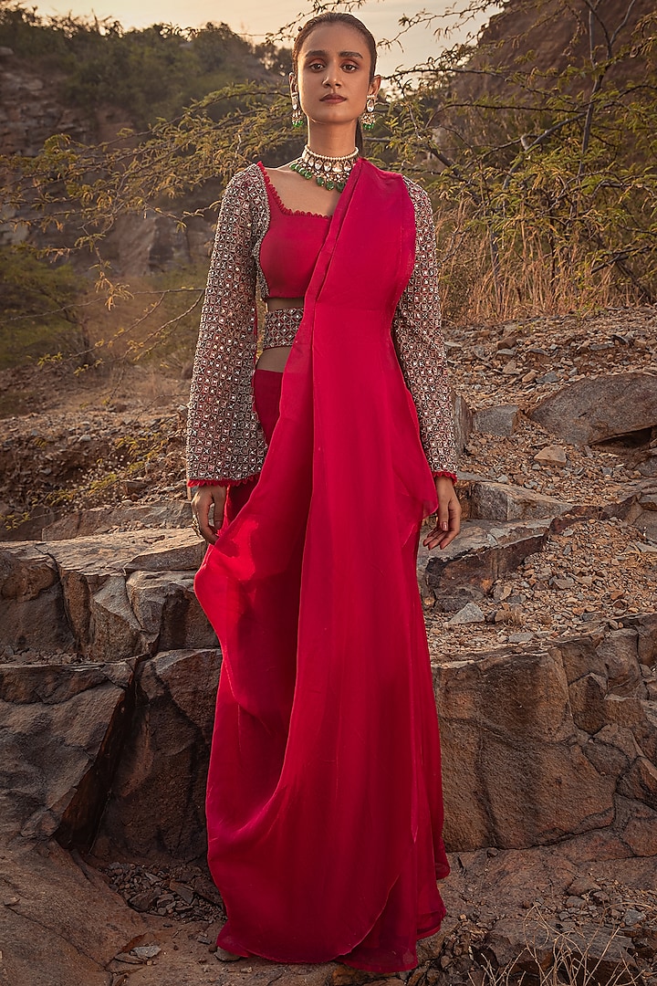 Fuchsia Embroidered Pre-Draped Saree With Belt by Ridhima Bhasin at Pernia's Pop Up Shop