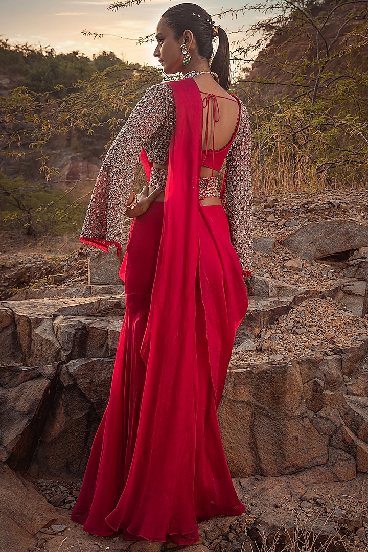 Fuchsia Embroidered Pre-Draped Wedding Saree With Belt by Ridhima Bhasin at Pernia's Pop Up Shop