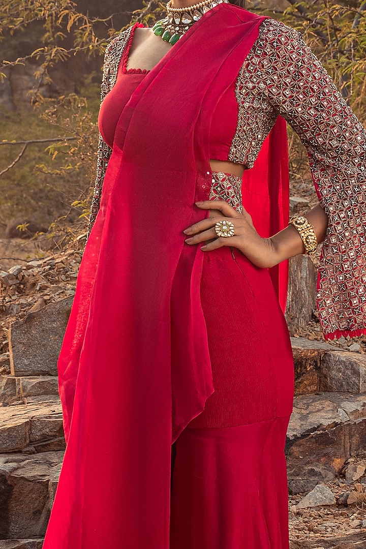 Fuchsia Embroidered Pre-Draped Wedding Saree With Belt by Ridhima Bhasin at Pernia's Pop Up Shop