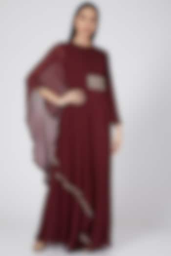 Maroon Jumpsuit WIth Jeweled Belt by Ridhima Bhasin