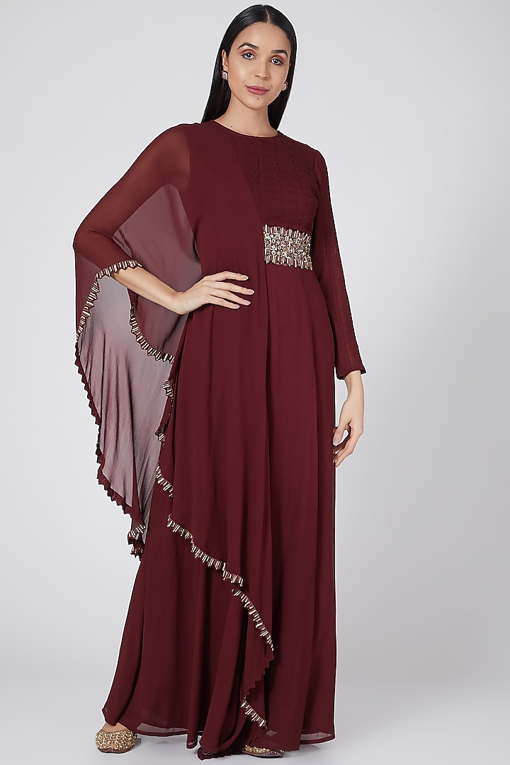 Maroon Jumpsuit WIth Jeweled Belt by Ridhima Bhasin